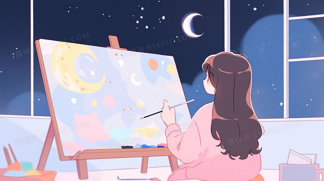 月光下房间里的小女生在画板前透过窗户绘画月亮的插画