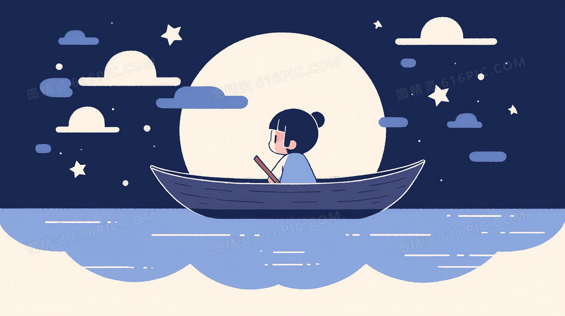 圆圆的月亮白云旁边小孩独自划船特写艺术插画