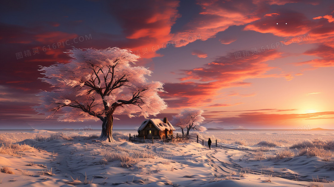 冬天美丽的大树下小房子边的晚霞雪景插画