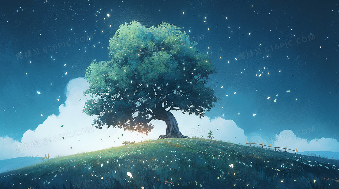 夜晚星空下山坡上繁茂的大树插画