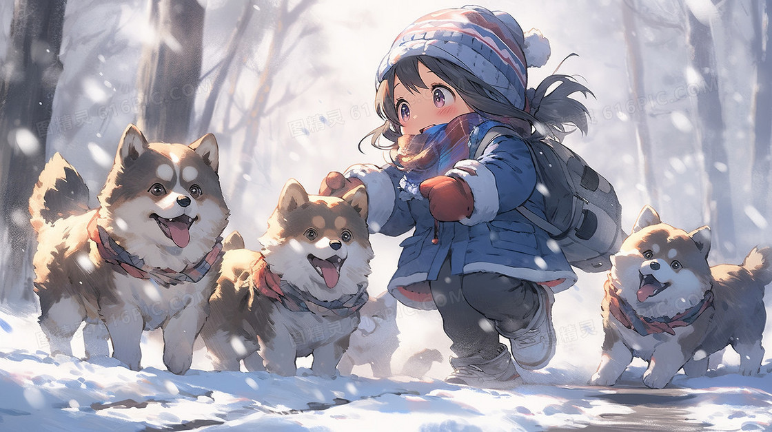 冬天树林里可爱的小女生和狗狗的雪景插画