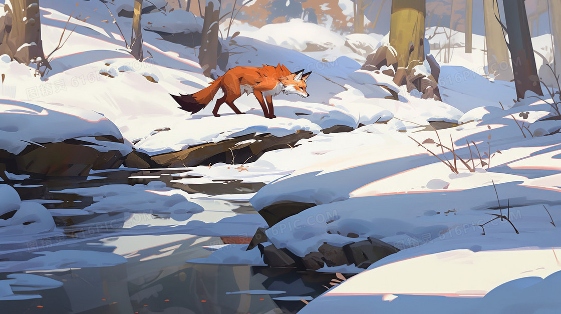 冬天雪地里小溪边美丽的红狐雪景插画