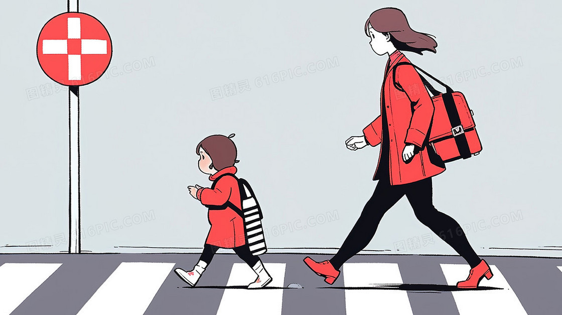 一个母亲和一个孩子穿过人行横道插画