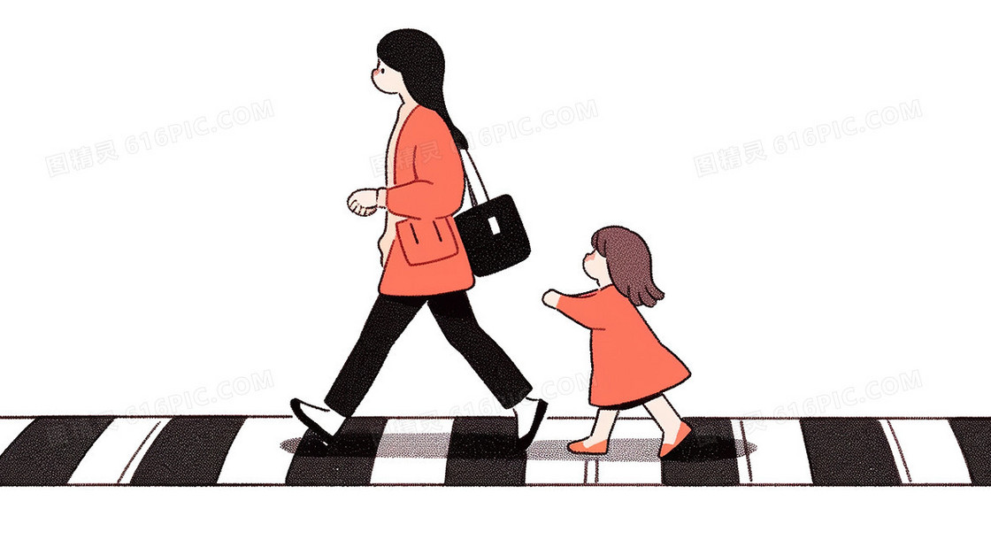 一个母亲和一个孩子穿过人行横道插画