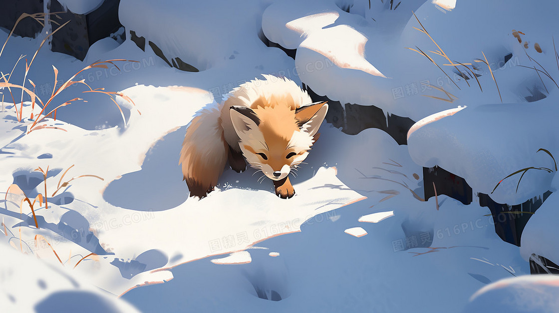 冬天雪地里阳光下一只小狐狸雪景插画