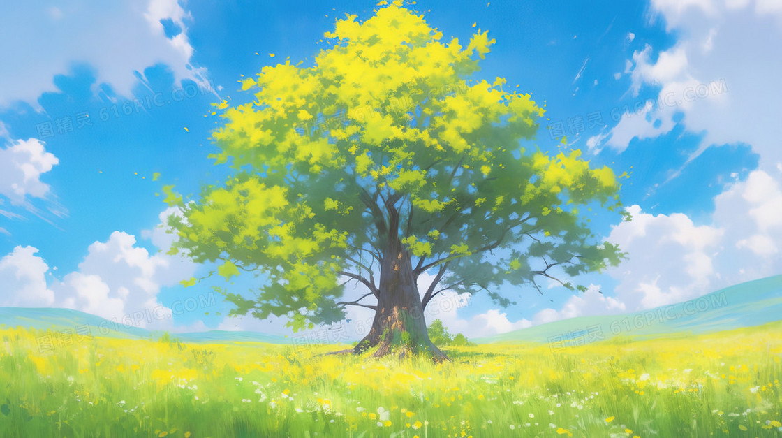 春季青青草原上的一棵树插画
