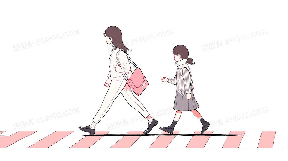一个母亲和一个孩子穿过人行横道插画
