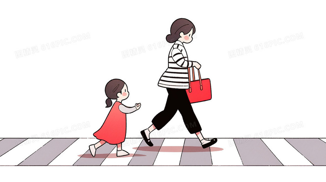 一个母亲和一个孩子穿过人行横道插画