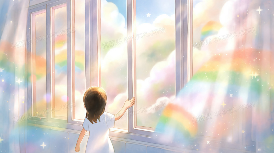 窗外彩虹云层落地玻璃窗边的小孩插画
