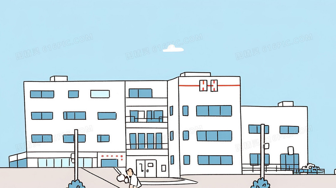 医院大楼门前简笔插画