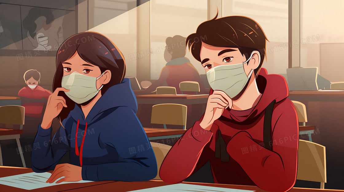 坐在课桌前的两名戴口罩的学生插画