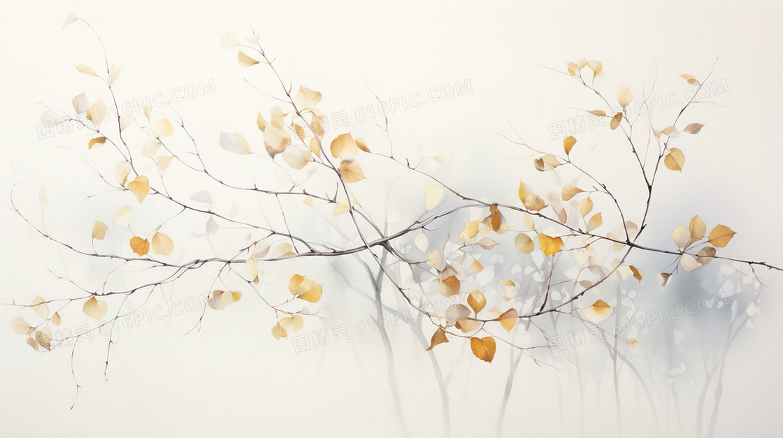 秋天枯黄的枝叶水墨插画