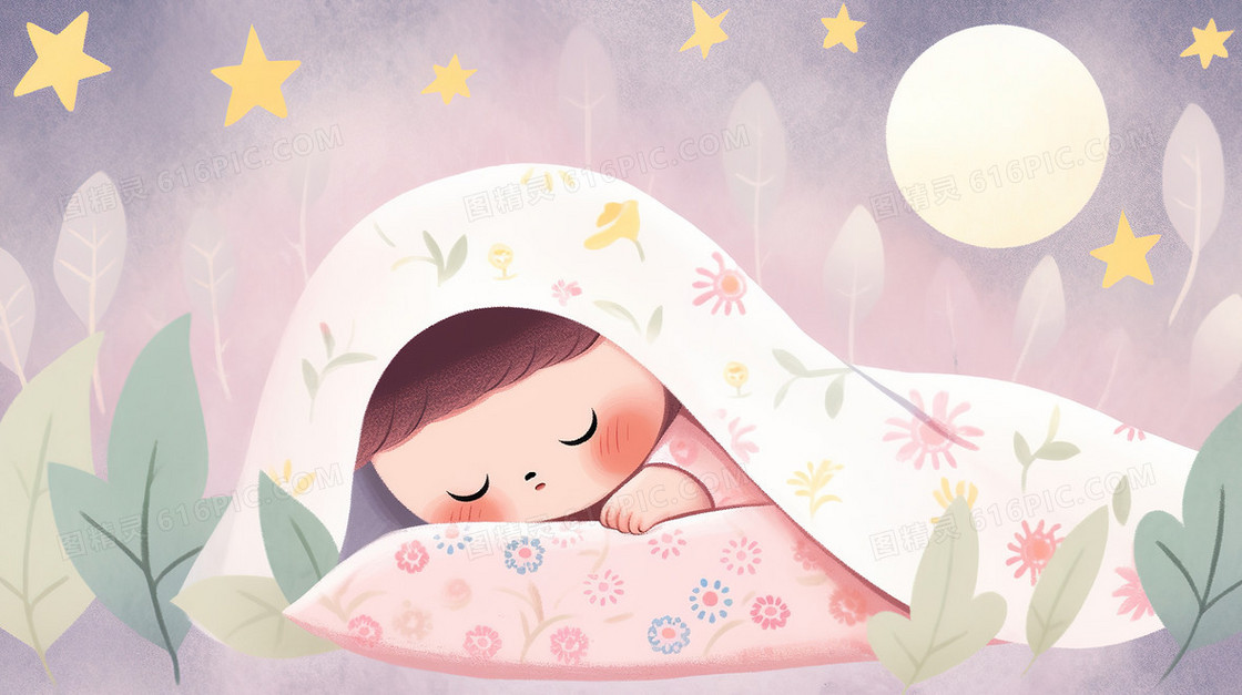 床上舒服睡觉的小女孩插画