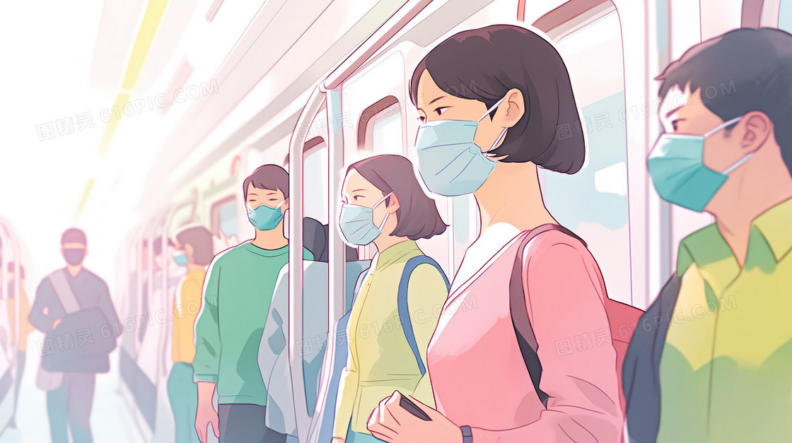 地铁上戴着口罩的人群插画