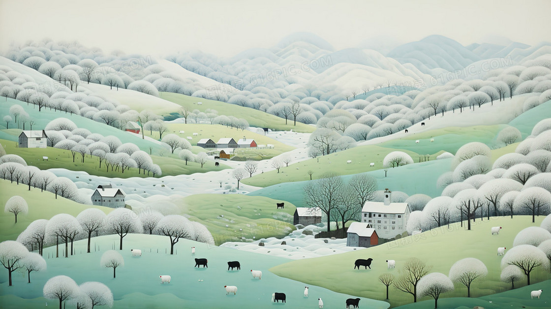 早春田野丘陵风景插画
