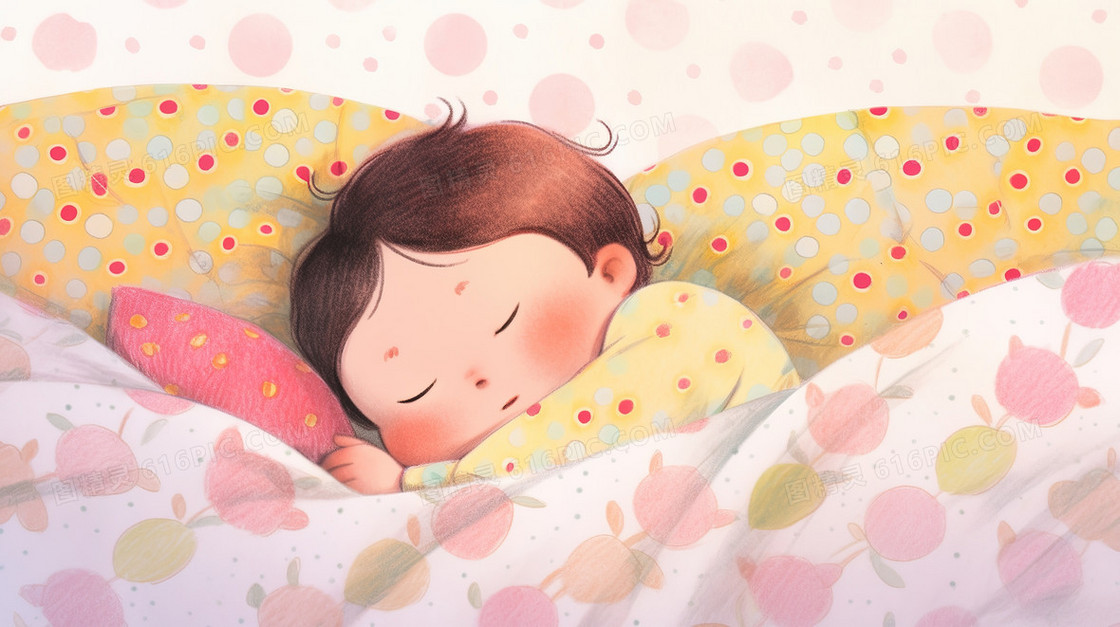 床上舒服睡觉的小女孩插画