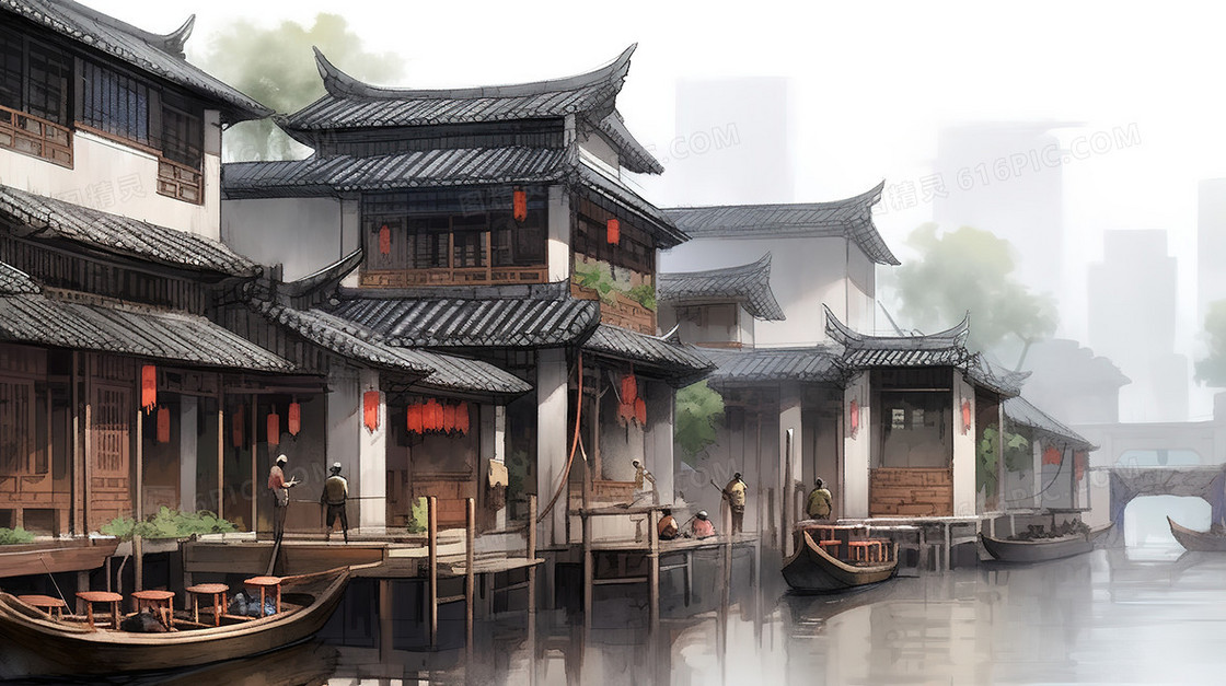 江南古镇建筑美景插画