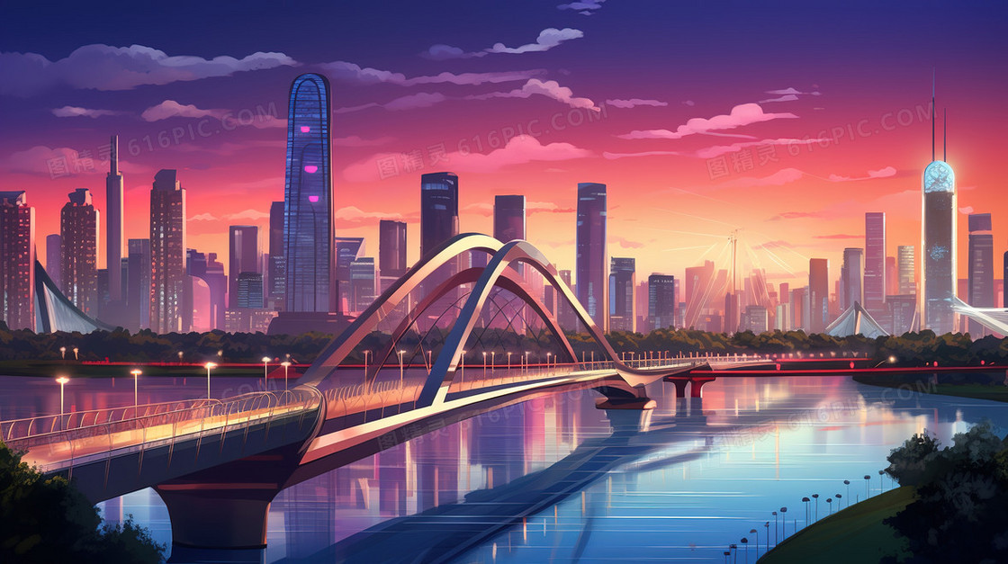 夕阳下的现代化大城市插画