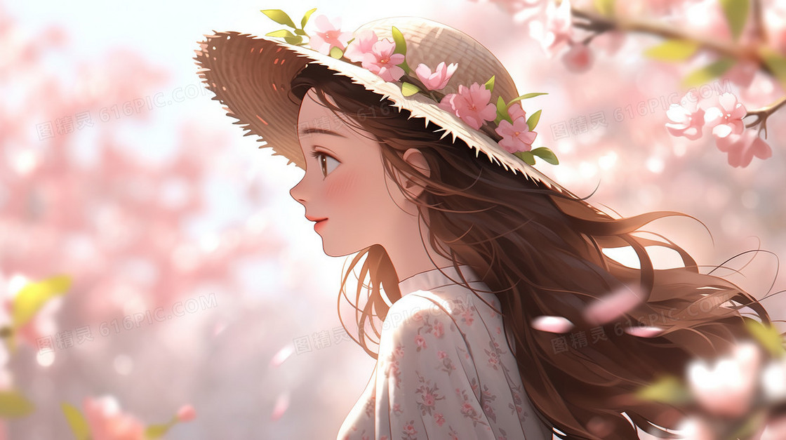 春天粉色鲜花盛开树林里的漂亮女孩插画