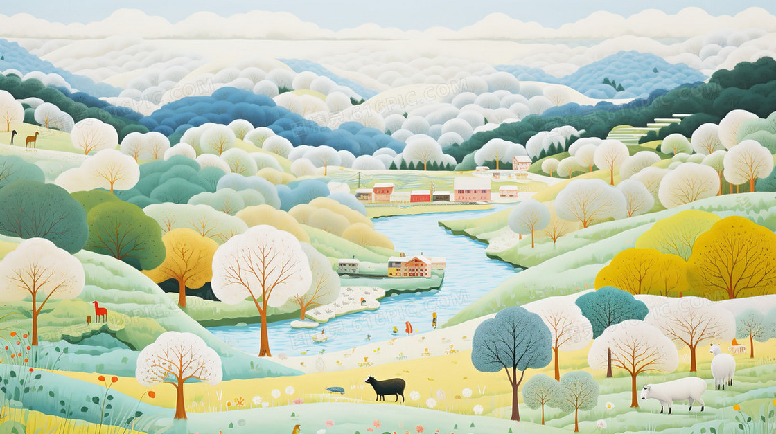 早春田野丘陵风景插画