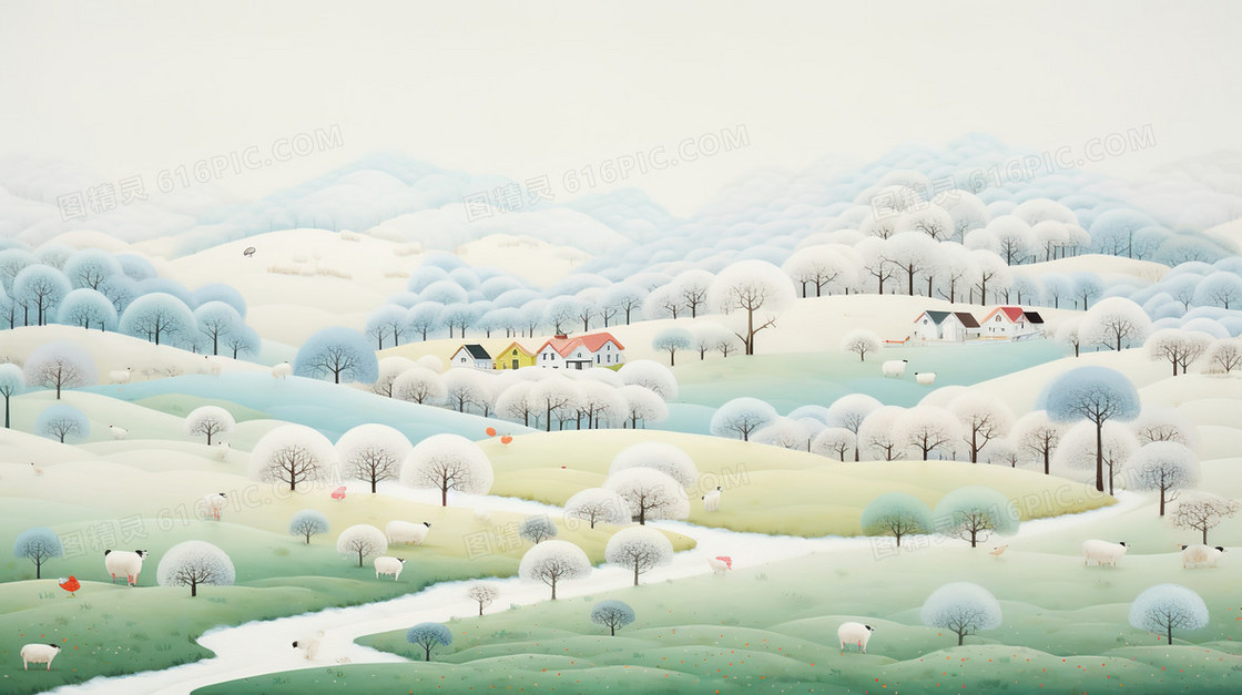 早春田野丘陵风景插画