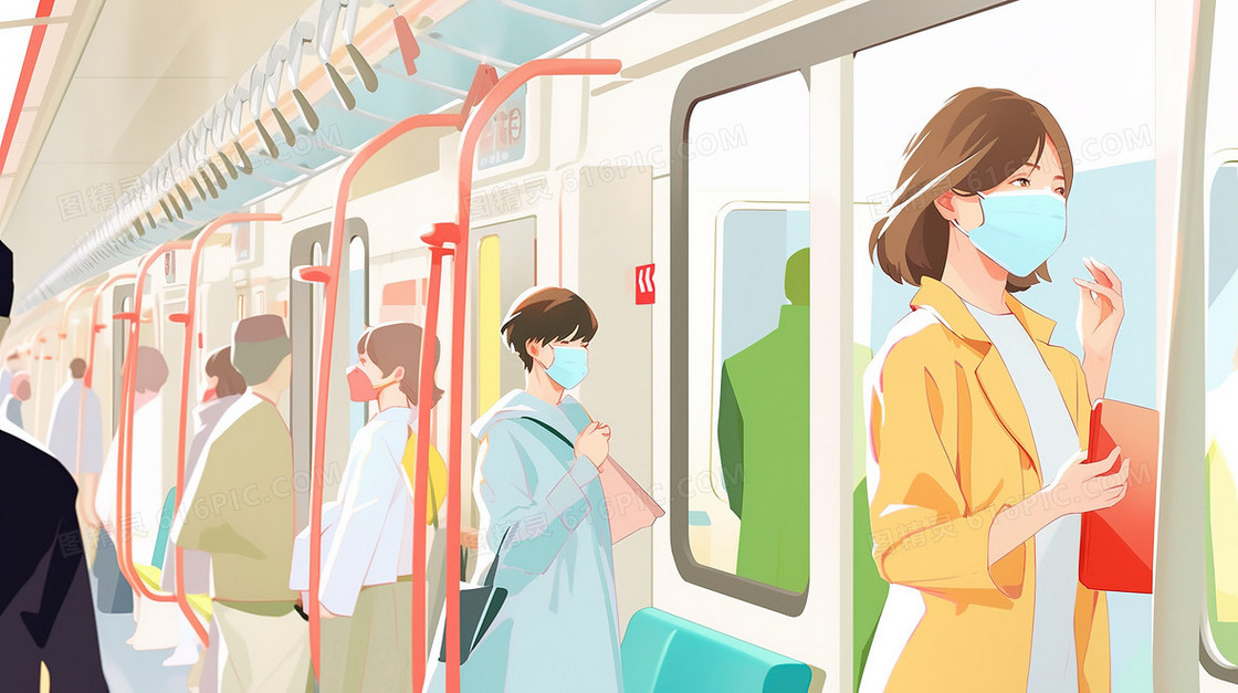 地铁上戴着口罩的人群插画