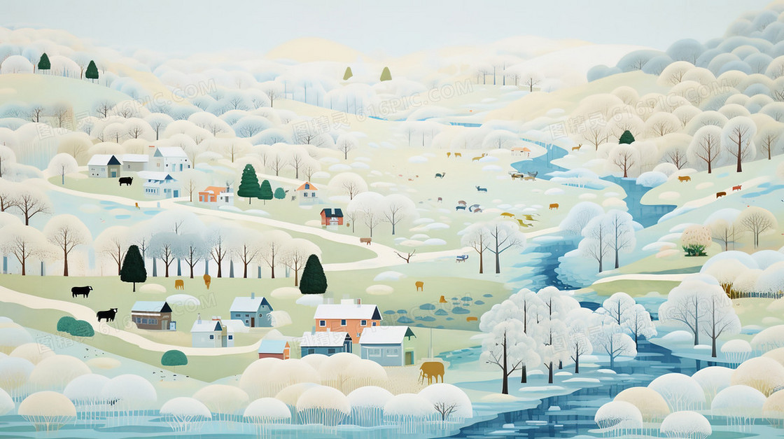 早春田野丘陵风景插画