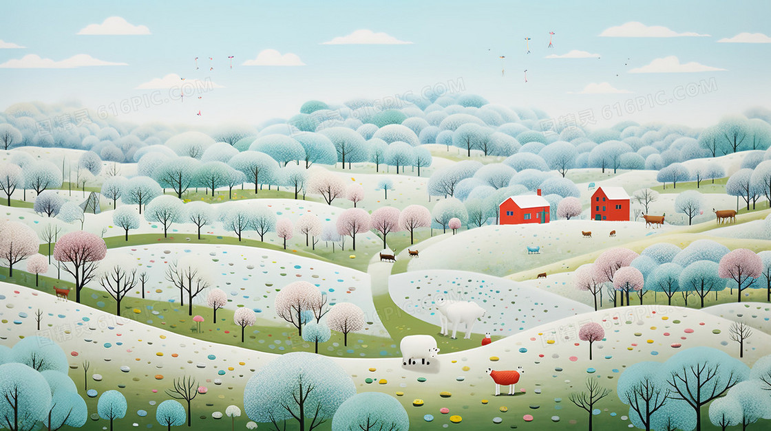 早春田野丘陵风景插画