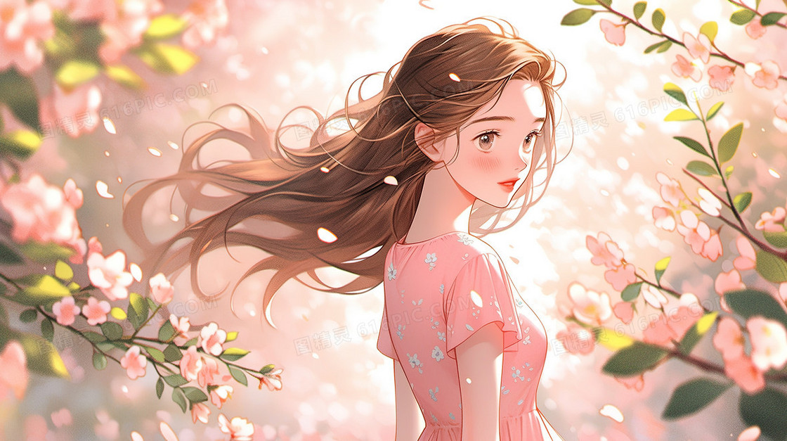 春天粉色鲜花盛开树林里的漂亮女孩插画