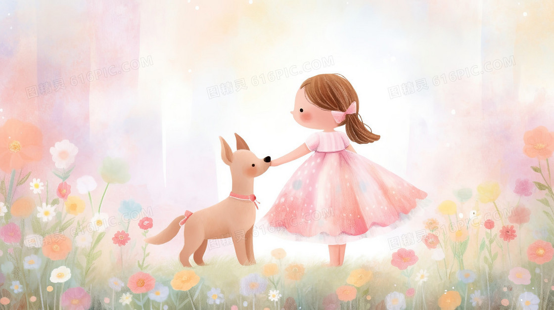 鲜花丛中的女孩和小狗插画