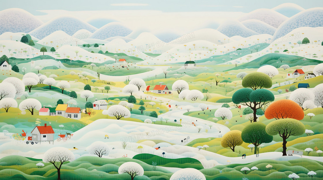 早春田野丘陵风景插画