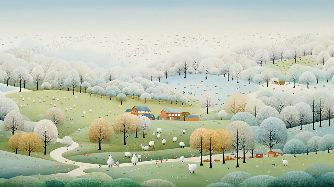 早春田野丘陵风景插画
