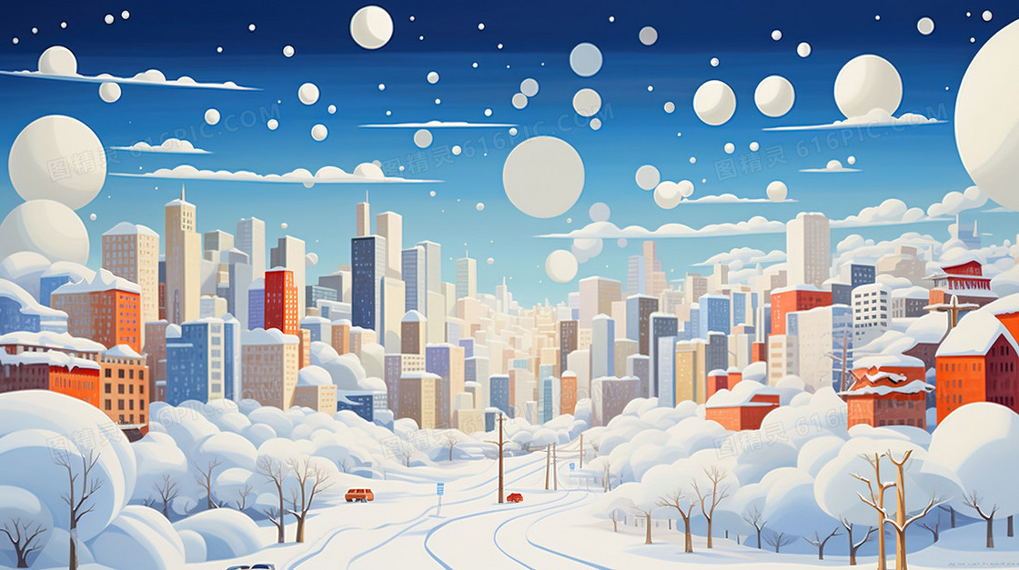 彩色冬季城市建筑风景插画