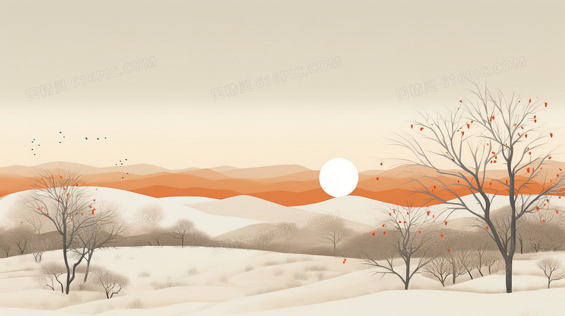 橙色冬季风景雪景插画