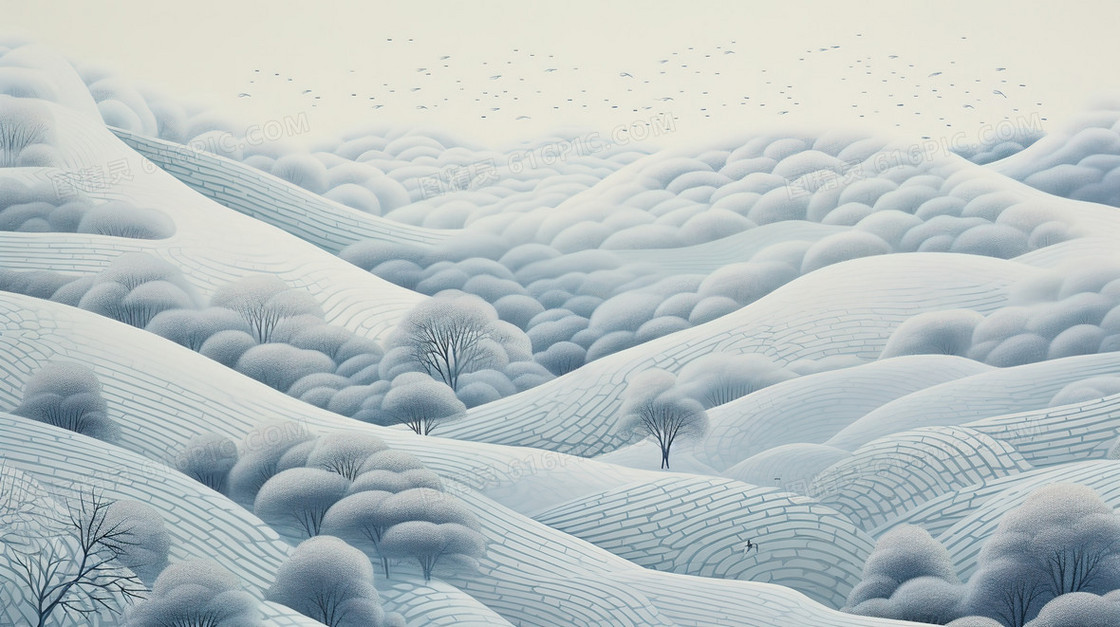冬季起伏的丘陵风景插画