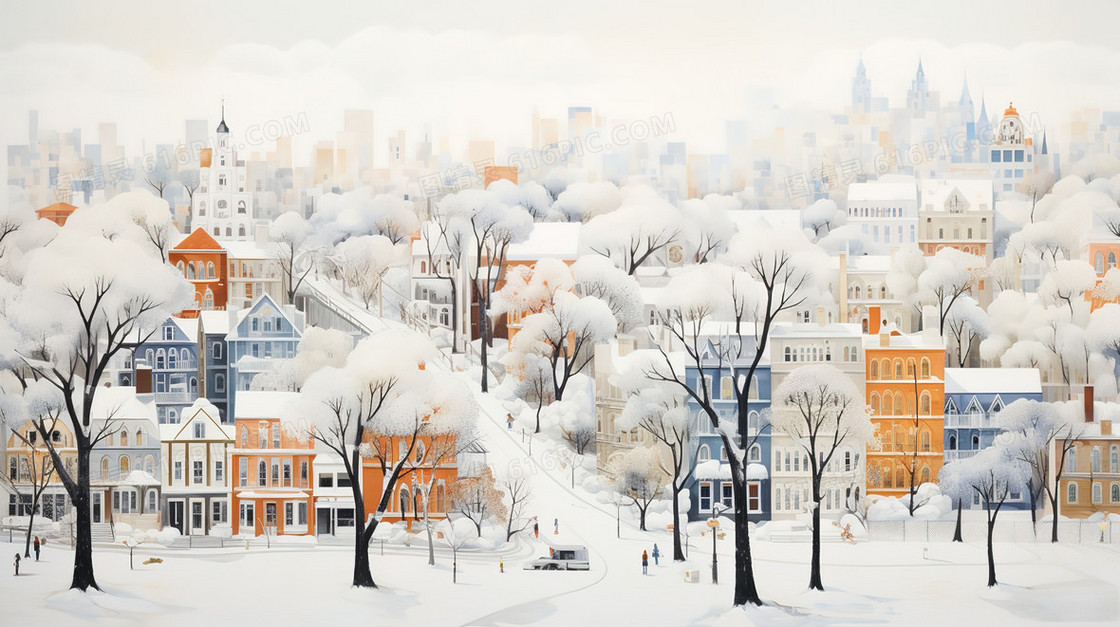 冬季城市建筑雪景风景插画