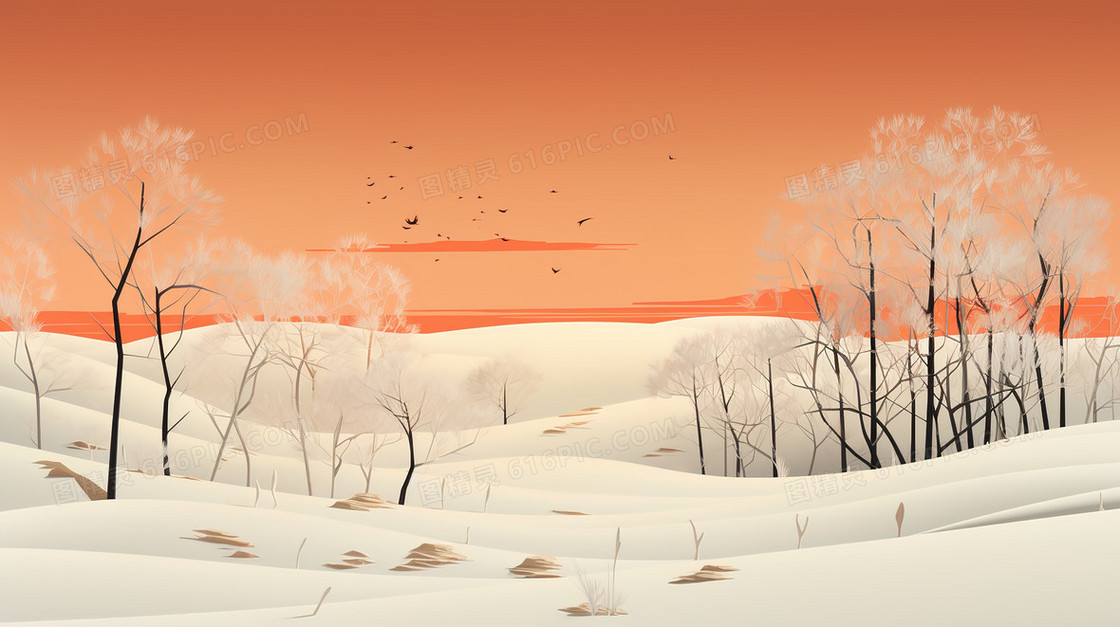 橙色冬季风景雪景插画