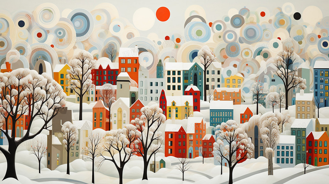冬日雪地里的城市建筑插画