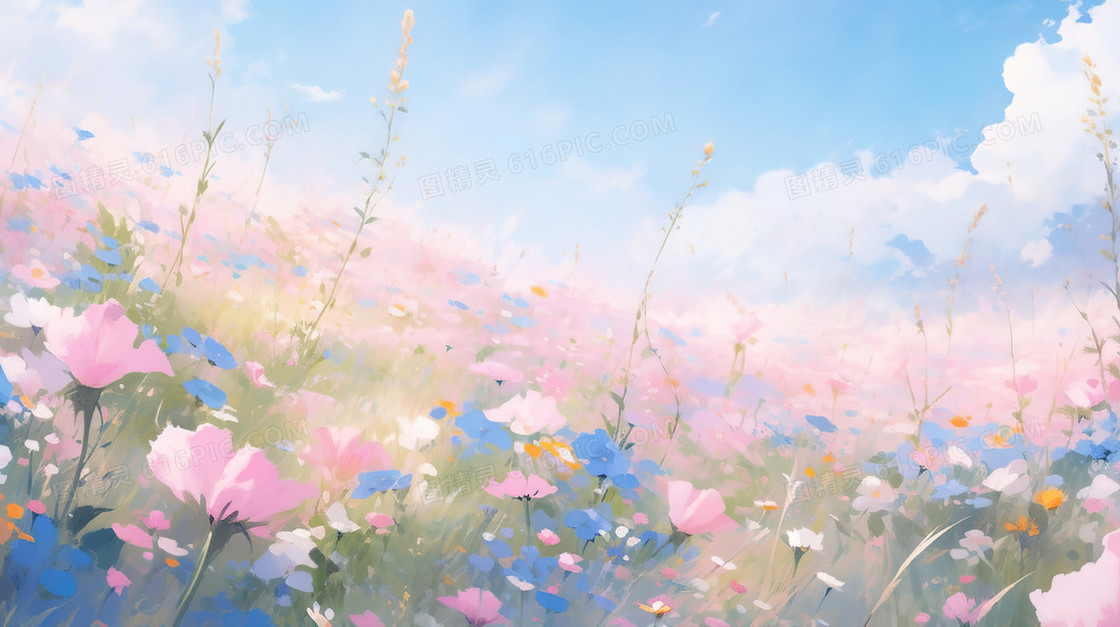 油画质感春季田野野花风景插画