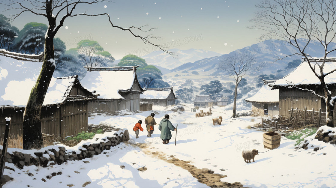 冬季雪天村庄里的房屋小路风景插画