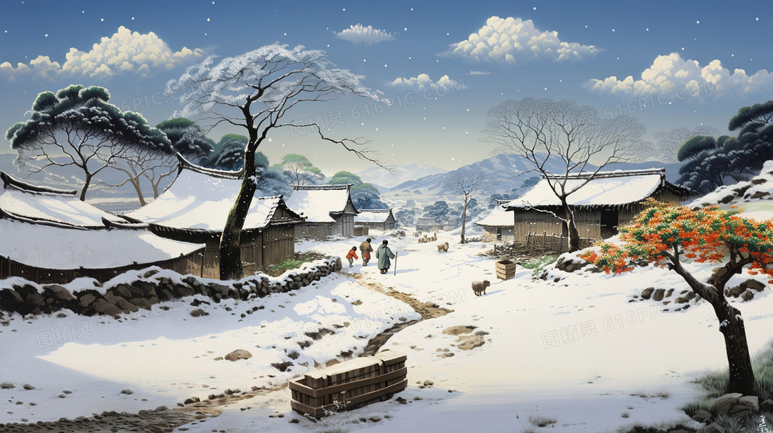 冬季雪天村庄里的房屋小路风景插画