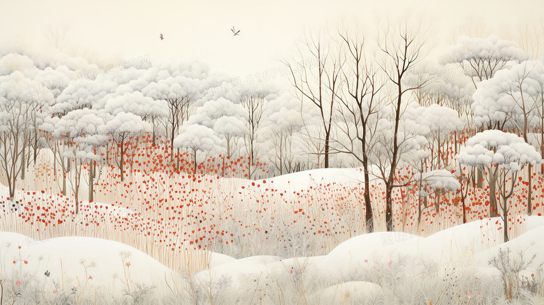 冬季树林田野风景插画