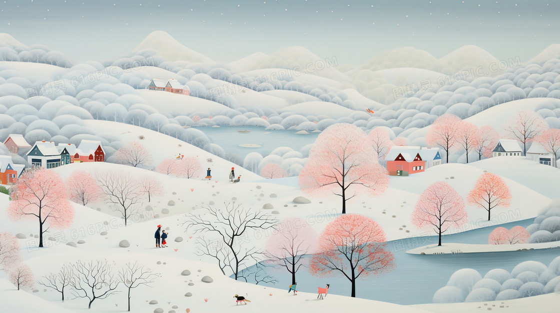 冬季雪地里的粉色树林风景插画