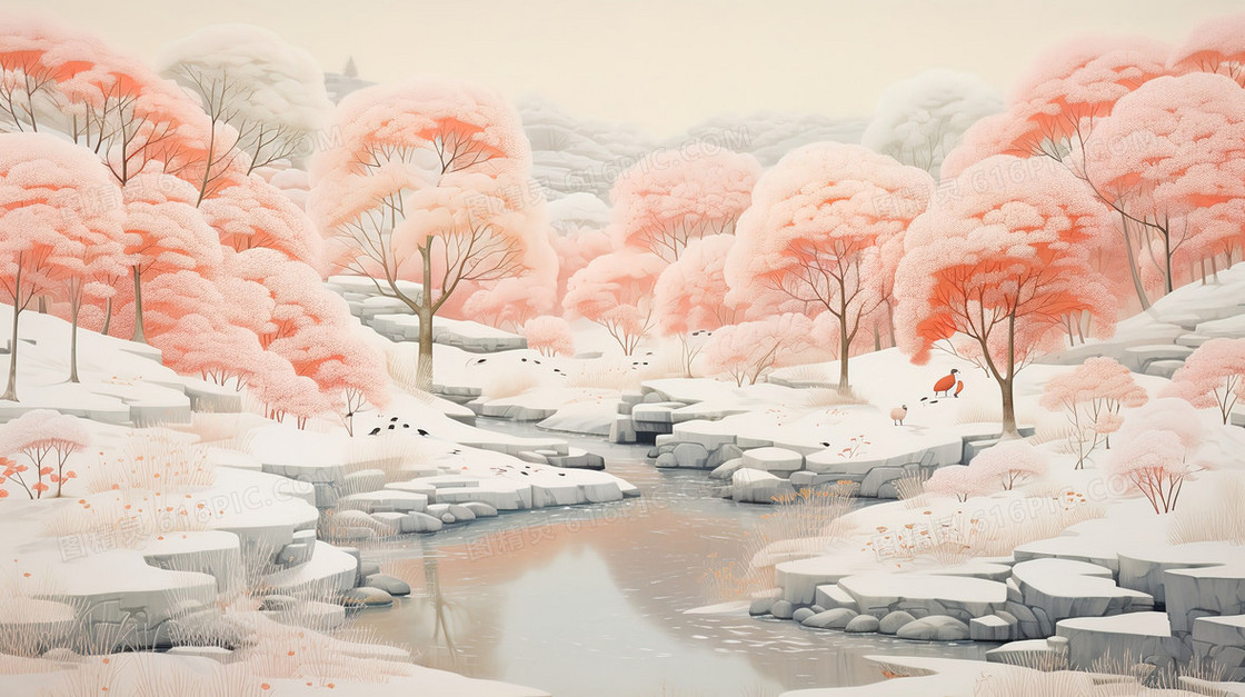 冬季雪地里的粉色树林风景插画