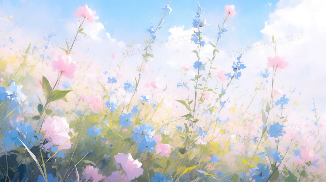 油画质感春季田野野花风景插画
