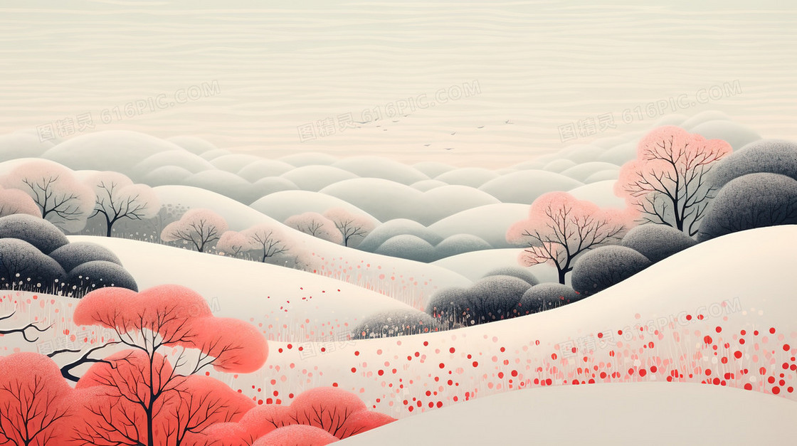 冬季灌木田野风景插画