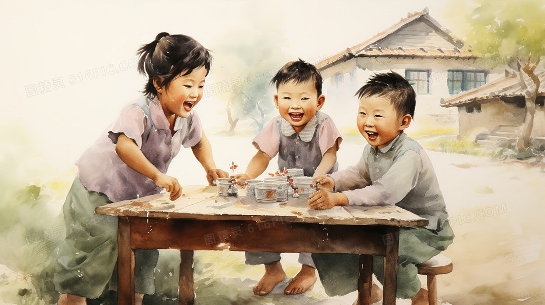 乡村儿童玩耍的孩子插画