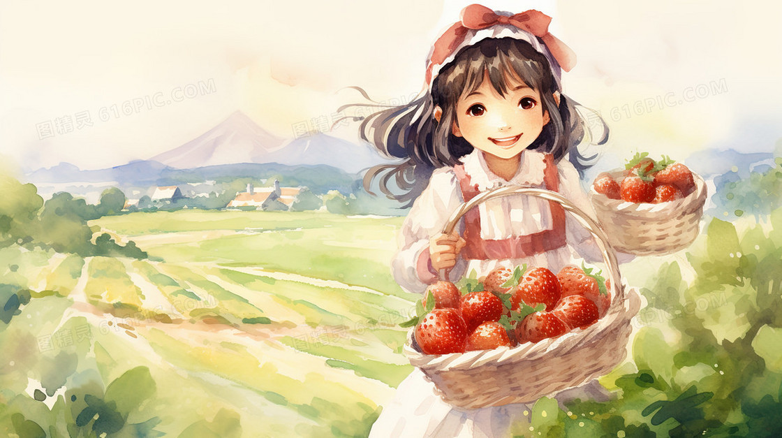提着新鲜草莓的可爱小女孩插画