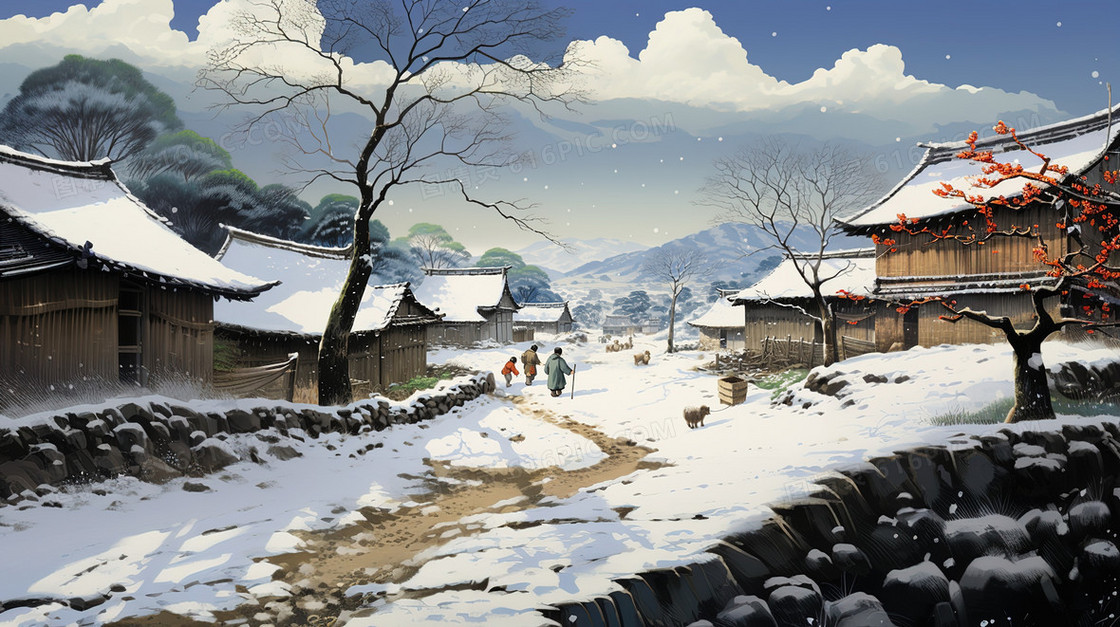 冬季雪天村庄里的房屋小路风景插画