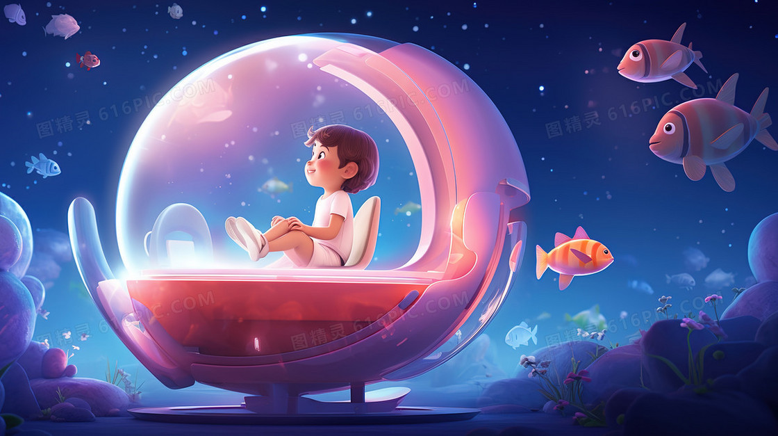 海底世界玻璃罩飞船里的小男孩梦幻插画